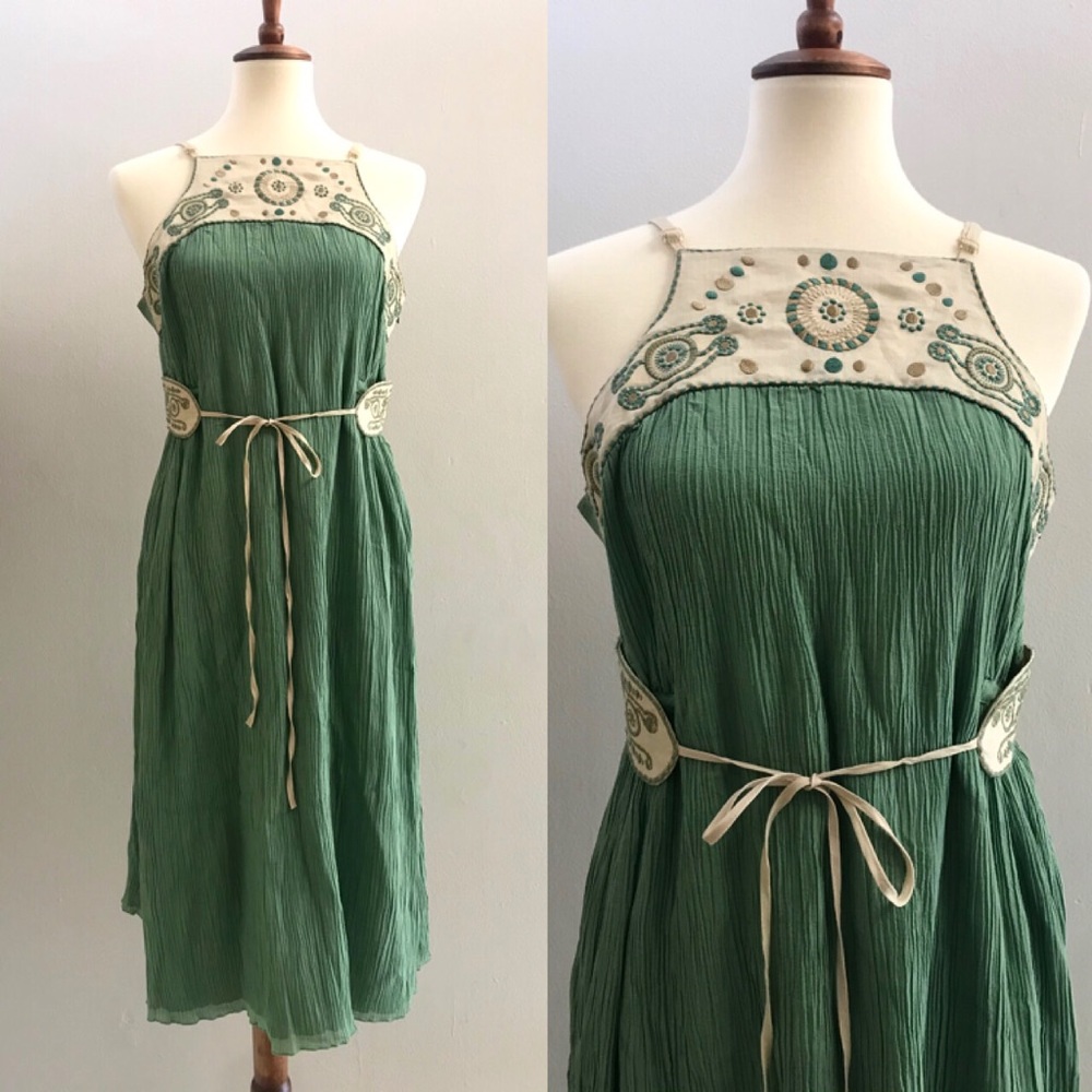 VTG Y2K BGN Studio Flowy Tent Midi Roman Textured Green Sun Dress Sz 8